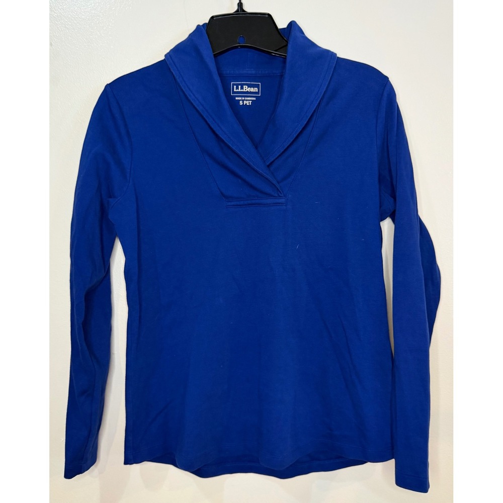 L.L. Bean Women's Royal Blue Shawl Collar Long Sleeve Cotton Top Size S PET